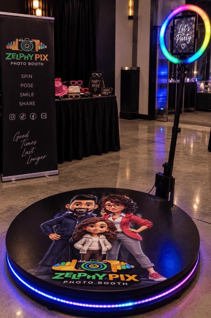 ZelphyPix 360 Video Booth platform with branded floor, ring light, and pull-up banner