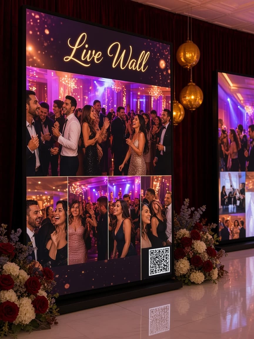 ZelphyPix LED screens showing a live guest photo wall at a celebration