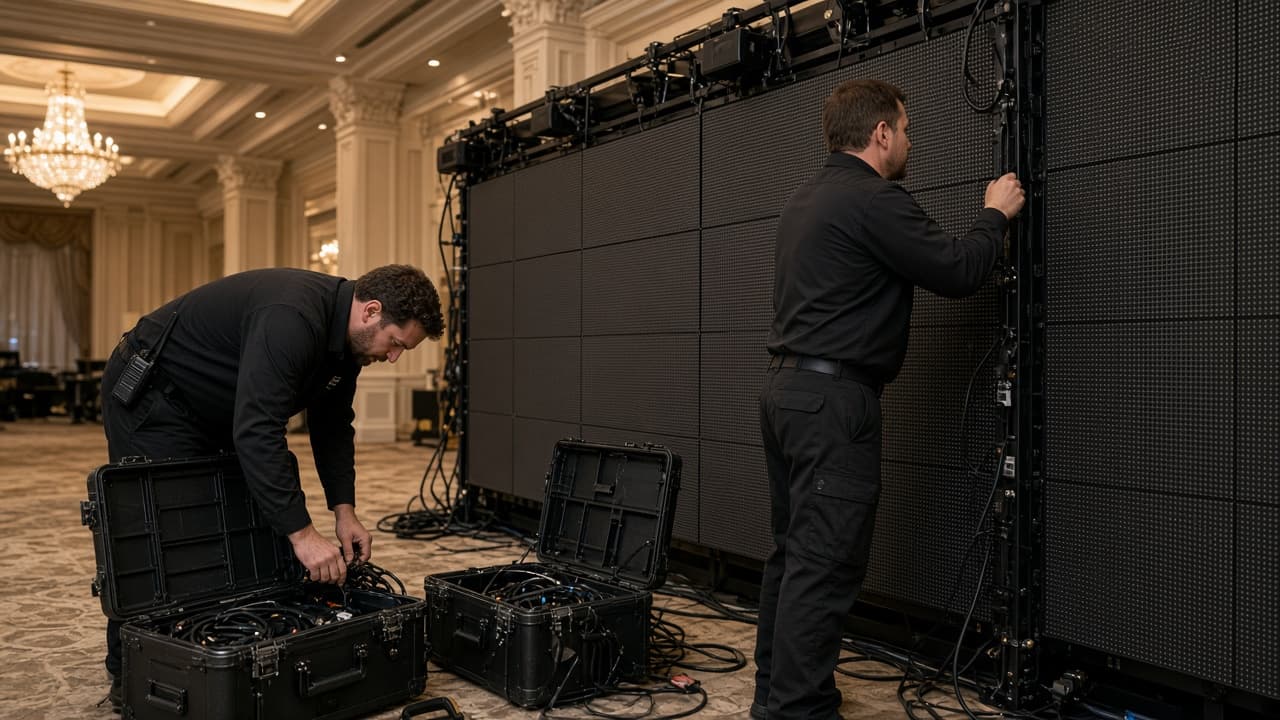 ZelphyPix crew assembling an LED wall on site