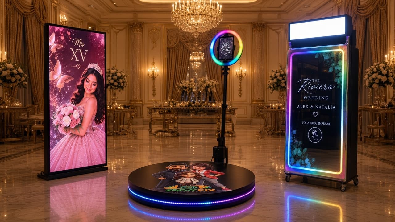 ZelphyPix 360 booth, mirror booth, and LED screen set on an event floor