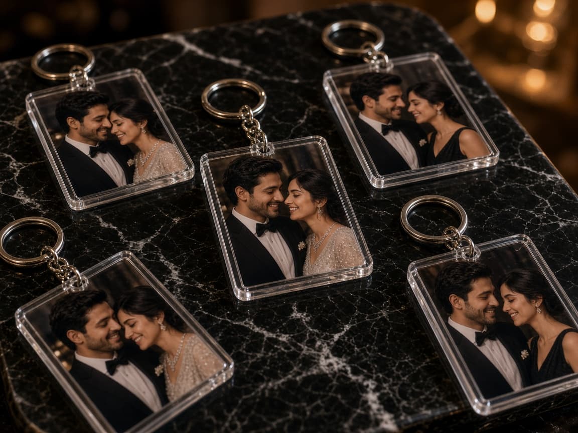 Acrylic photo keychains with guest portraits arranged on a tray