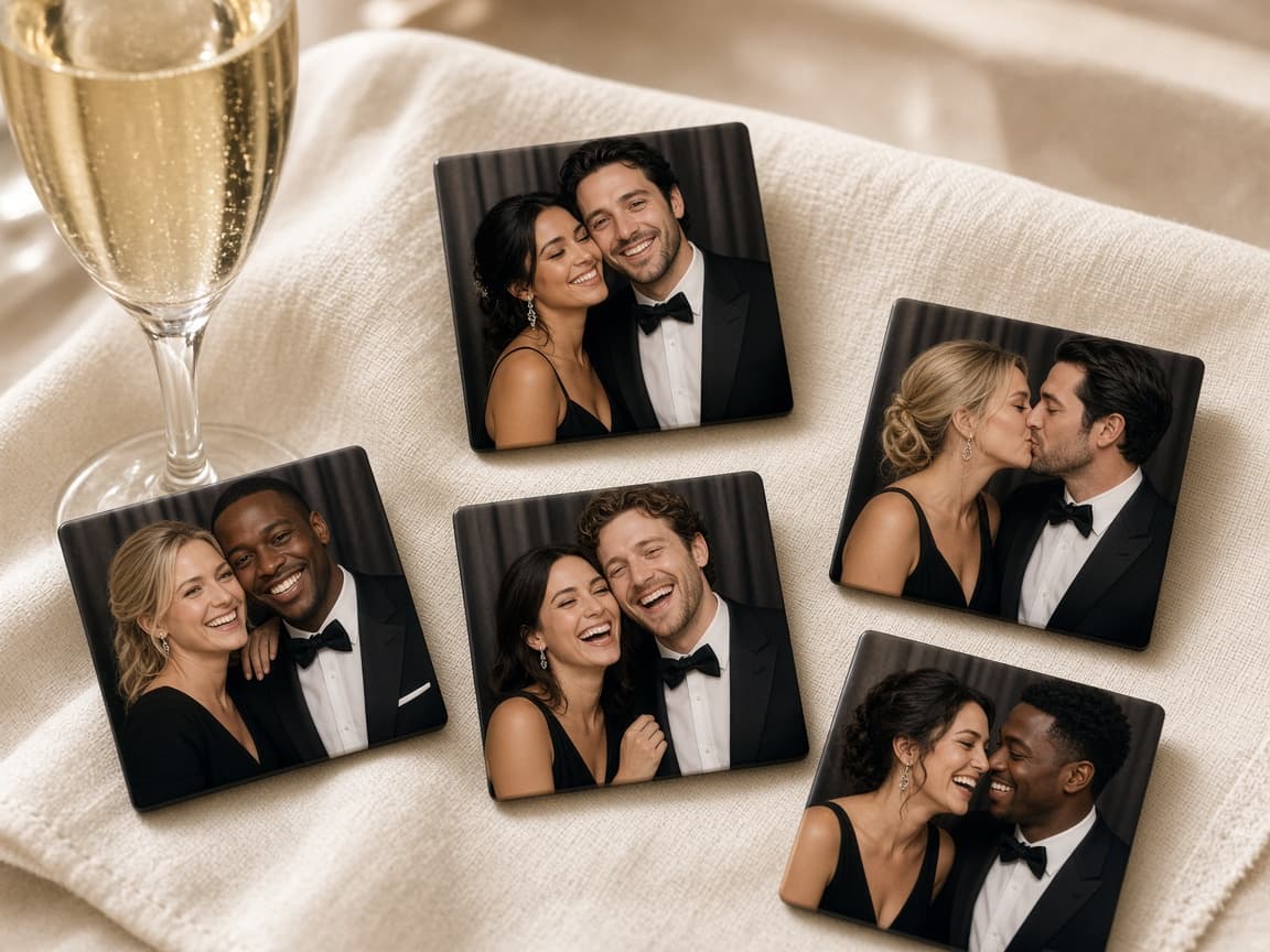 Square photo magnets from a photo booth displayed on a reception table