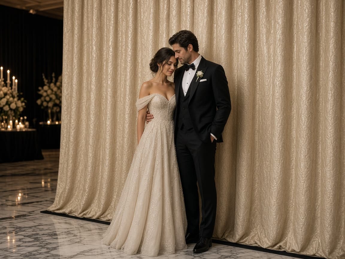 Couple posing in front of a champagne fabric photo booth backdrop