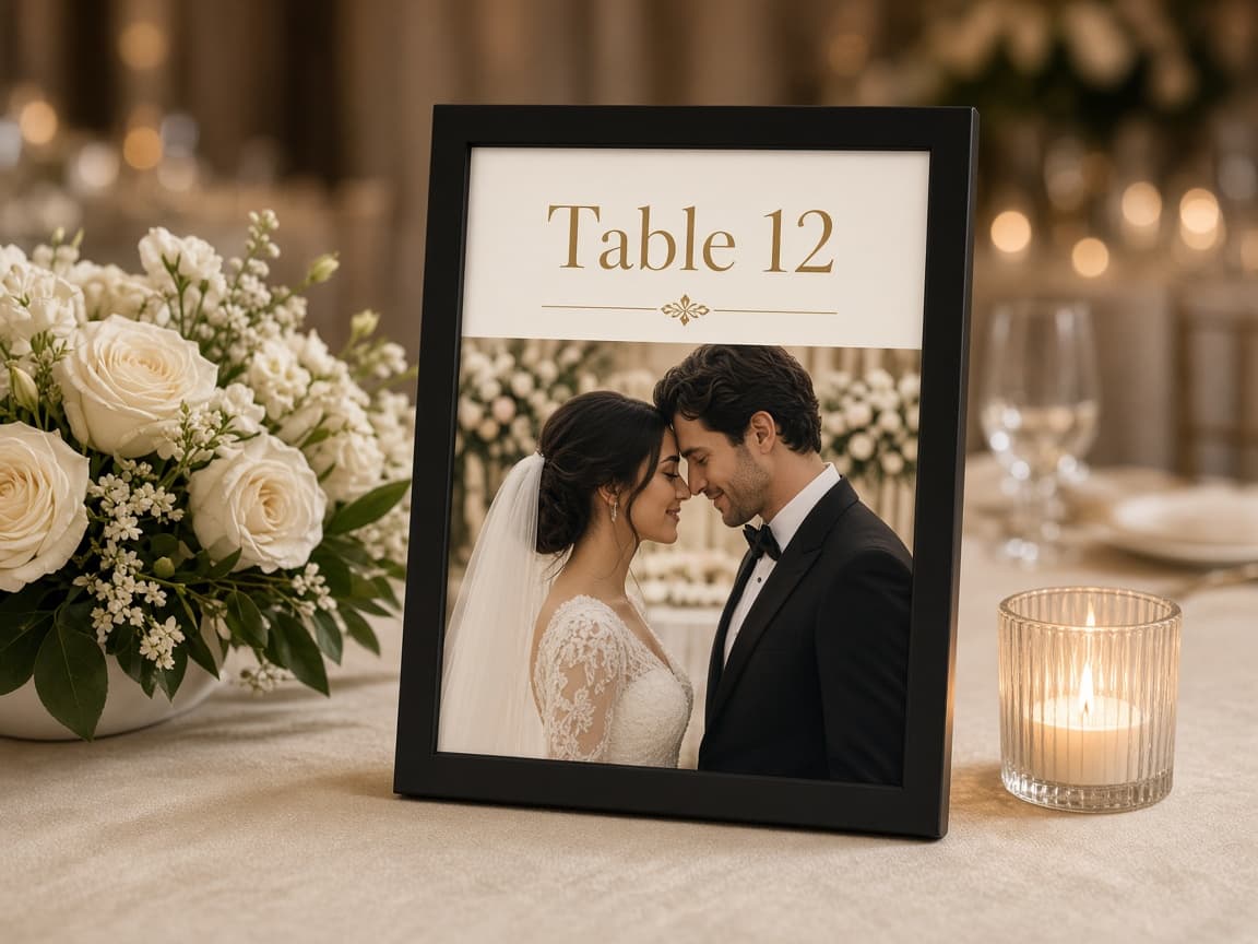 Digital table number frame on a reception table beside florals