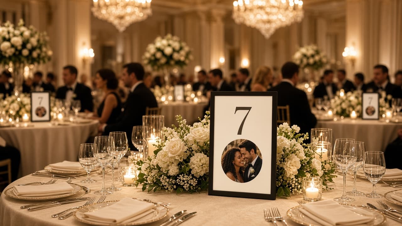 Digital picture frame used as a wedding table number on a reception table