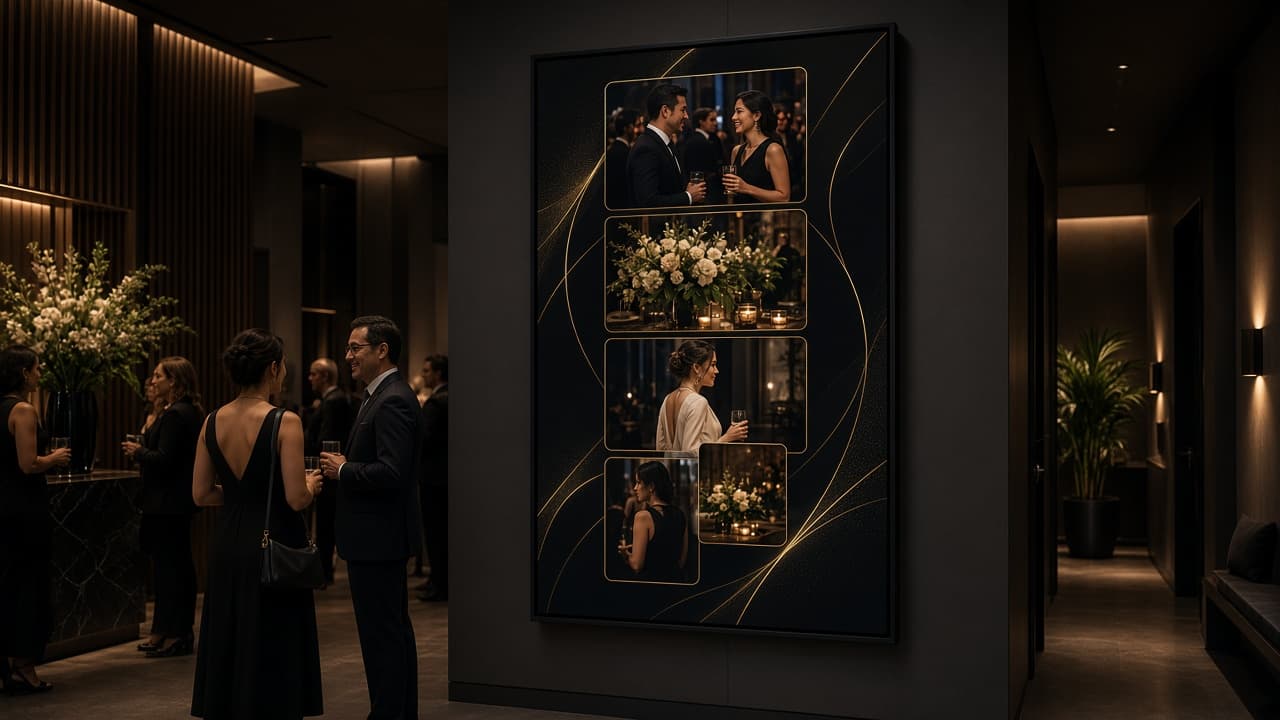 Guests viewing a ZelphyPix Live Event Wall in a sophisticated event venue
