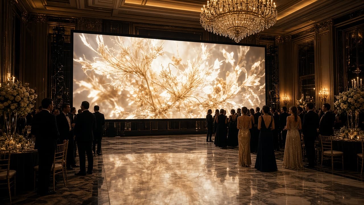 Large LED event screen glowing behind a luxury ballroom dance floor