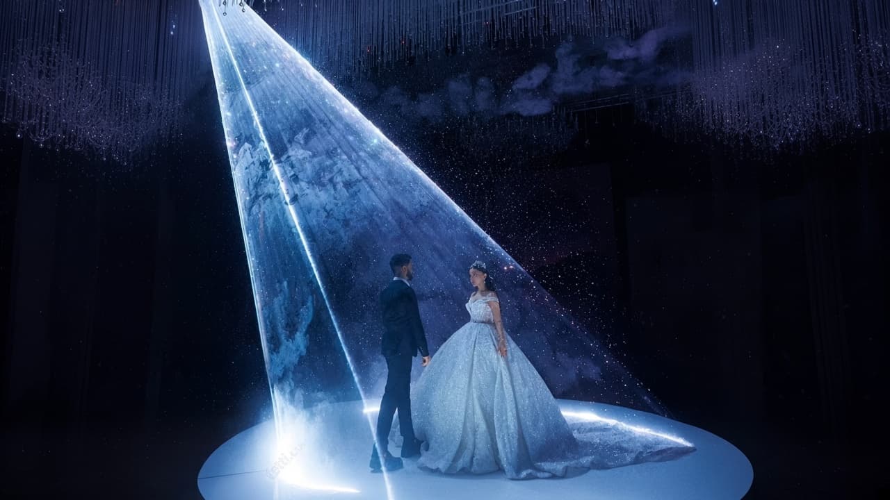 Bride and groom standing inside an overhead laser snowfall cone on a round dance floor